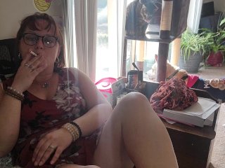 Sexy brunette secretary enjoyinga smoke!