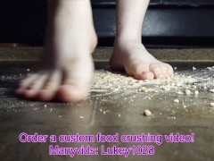 BBW Crushing Cereal into Powder With Her Bare Feet