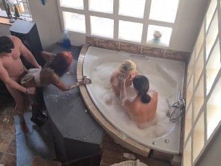 Spa bath three girls one guy orgy | reverse gangbang | Interracial