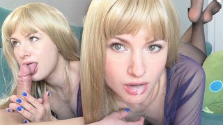 Sexy Blonde Juteuse Pipe Grosse Bite Jusqu'À La Creampie Orale