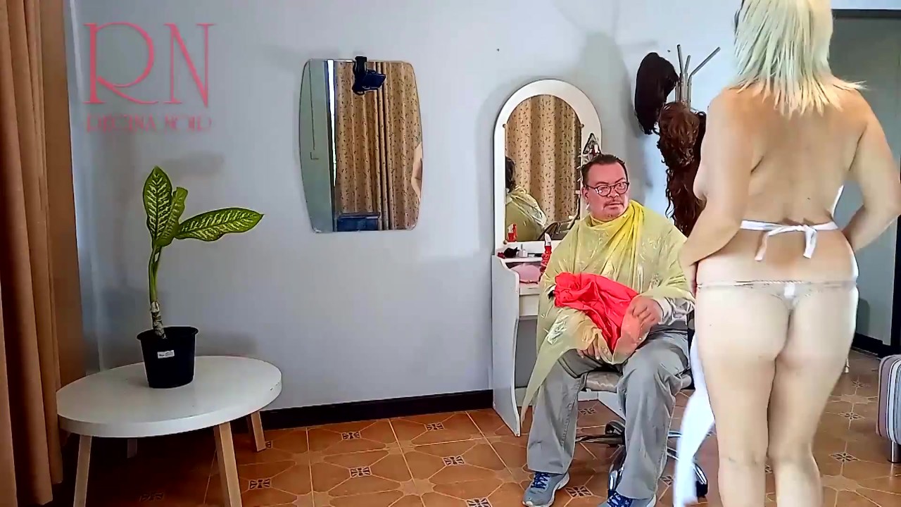 Do you want me to cut your hair? Stylists client. Naked hairdresser.  Nudism 11