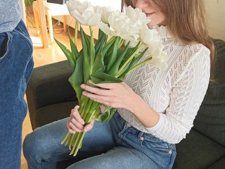 Gave her Flowers and Stopped being Virgin Anymore, Creampied Teen after Sex with Blowjob