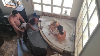 3 wet and soapy whores each gets a turn to get fucked in STANDING DOGGYSTYLE by 1 cock | mixed race