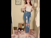 Preview 1 of Cute girl tries on jeans for you, can you last?