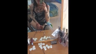 Beautiful shemale jerking cock in front of the mirror