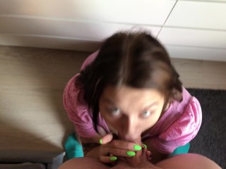 POV. SLOBBERING SUCK so he cum ON MY FACE. BIG CUMSHOT and cute girl with BIG NATURAL_TITS.