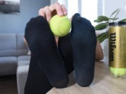 Preview 3 of Relaxing her sweaty feet after a tennis match (POV foot worship, sneakers, gym socks, close up feet)