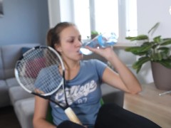 Relaxing her sweaty feet after a tennis match (POV foot worship, sneakers, gym socks, close up feet)