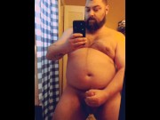 Preview 4 of Big Bear Jerking His Fat Cock Shot His Cum All Over The Mirror