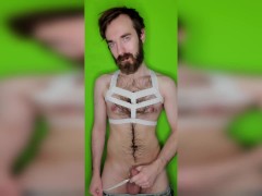 Hairy guy stripping and playing with his cock on camera