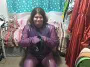 Preview 1 of Latex Jelly Loose Purple Body Suit over Swimsuit Vibraitor and gasmask breathplay