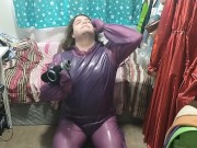 Preview 2 of Latex Jelly Loose Purple Body Suit over Swimsuit Vibraitor and gasmask breathplay