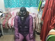 Preview 3 of Latex Jelly Loose Purple Body Suit over Swimsuit Vibraitor and gasmask breathplay