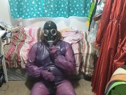 Preview 4 of Latex Jelly Loose Purple Body Suit over Swimsuit Vibraitor and gasmask breathplay