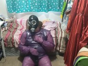 Preview 5 of Latex Jelly Loose Purple Body Suit over Swimsuit Vibraitor and gasmask breathplay