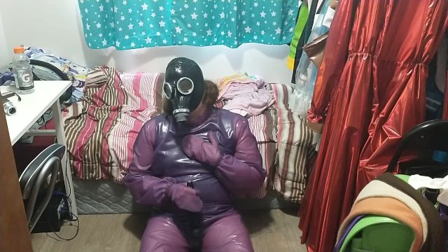 Latex Jelly Loose Purple Body Suit over Swimsuit Vibraitor and gasmask breathplay