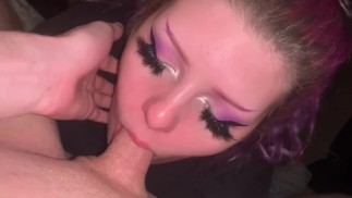 Purple hair slut sucks and fucks 