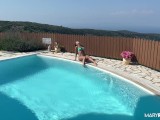 Beautiful bitch masturbates by the pool