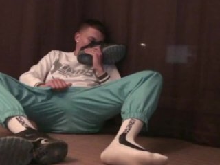 sexy straight boy snifins his sneakers and piss on his foot fetish