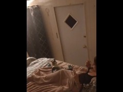Beautiful white girl smokes in black night gown  with a roommate part 3b