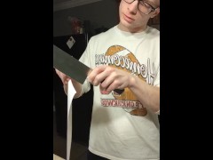 Stepbrother flexes his newly sharpened chef's knife