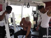 Preview 1 of Blonde white boi fucked by 2 muscular black men down at the gym