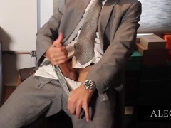 Wanking off after work in my suit with my wet big cock