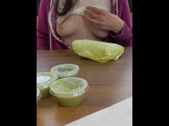 Sexy Wife Flashes Her Titties at a Restaurant While the Cashier is at the Counter