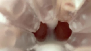 Shooting the moment of ejaculation from inside the Artificial vagina ... pre-cum drips from the uret