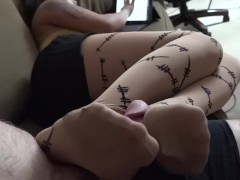 Big Load from Pantyhose Footjob Barbed Wire Nylons