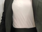 Preview 4 of Fake boobs crossdresser! Light green bra is seen through shirts!