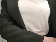 Preview 6 of Fake boobs crossdresser! Light green bra is seen through shirts!