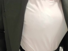 Fake boobs crossdresser! Light green bra is seen through shirts!