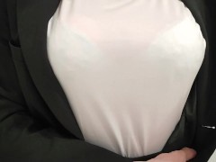 Fake boobs crossdresser! Light green bra is seen through shirts!