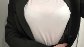 Fake boobs crossdresser! Light green bra is seen through shirts!