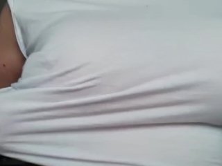 Busty MILF Wetting my T-shirt without Bra and get Orgasm by Pierced Nipples playing