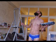 Preview 4 of Handsome guy from a street paints the ceiling in our room and gets a boner while doing it