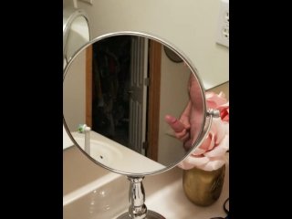 Stroking cock in mirror while watching pussy