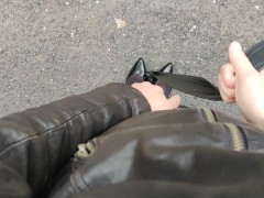 女装 レザー ジャケット スカート オナニー 調教 パンプス 黒パンスト 日本人