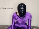 Layered purple zentai with microhole rubber mask and breathing control mask