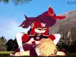 Amber and Aether haveintense sex outdoors. - Genshin Impact Hentai
