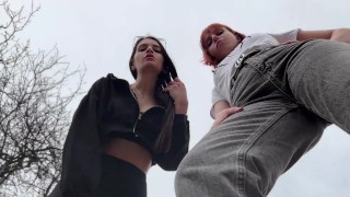 Outdoor POV Double Femdom Bully Girls Spit On You And Order You To Lick Their Dirty Sneakers