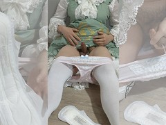 Crossdresser Wearing a Green Girly Dress and a Sanitary Towel, then Jerking off 男の娘 洋服 偽娘 02