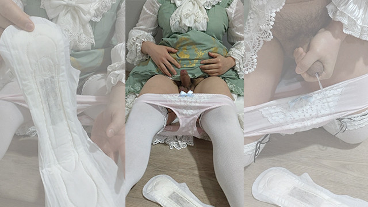 Crossdresser Wearing a Green Girly Dress and a Sanitary Towel, then Jerking  off 男の娘 洋服 偽娘 02