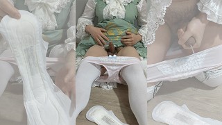 Crossdresser Wearing a Green Girly Dress and a Sanitary Towel, then Jerking off 男の娘 洋服 偽娘 02