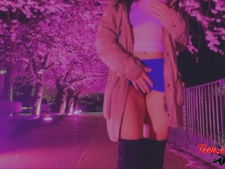 young Submissive stepsister in public, undress and masturbate in the park caught, and she obeys