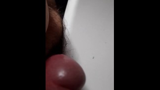 Chub enjoying a hands free, quick wank of his small dick, using sink and foreskin to shoot huge load