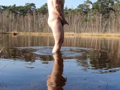 Hiding from cyclists - Risky naked barefoot woods walk w/ anal dildo