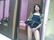Preview 5 of Sexy sissy crossdresser femboy in a long dress, showing her glorryhole and dancing dick.