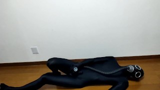 Breathing control Zentai fetish with a rubber bag